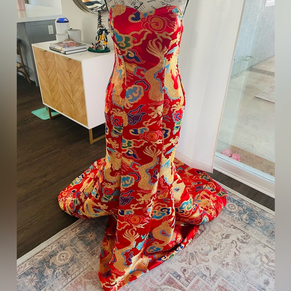 Custom Made Fishtail Laceup Qipao Dress with Dragon Embroidery